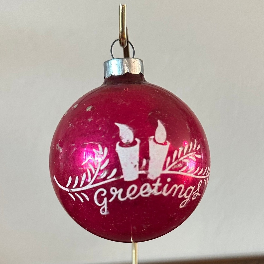 Vintage 3'' Shiny Brite Pink Glass Christmas‎ Ornament Greetings Candle Stencil - Picture 4 of 4